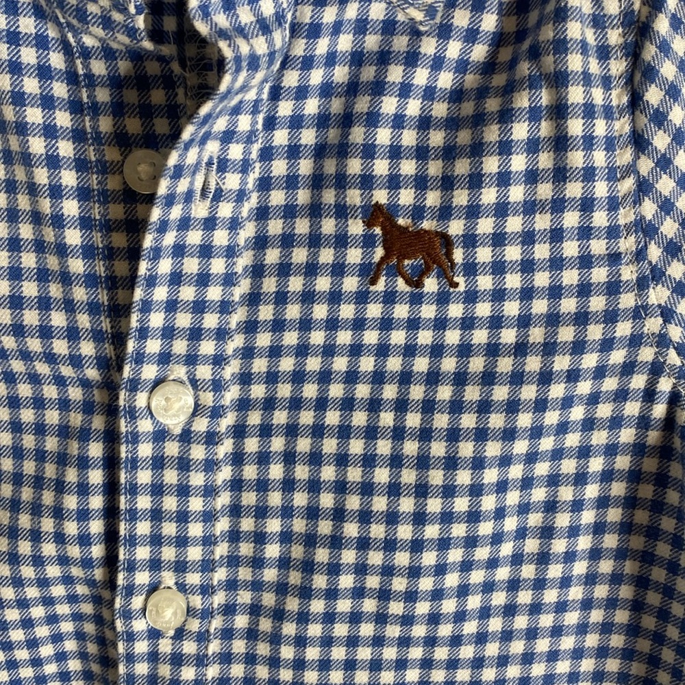 Janie and Jack Blue Gingham horse Baby Romper - Picture 2 of 5